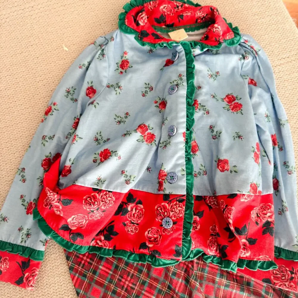 Matilda Jane Blue Red Green Plaid + Floral Flared Two Piece Pajamas 4 Christmas